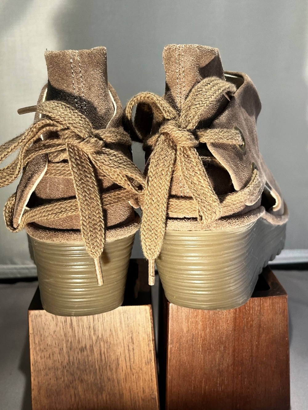 Fly London Yema Classic Taupe Suede Peep Toe Sandal Lace Up Size 39